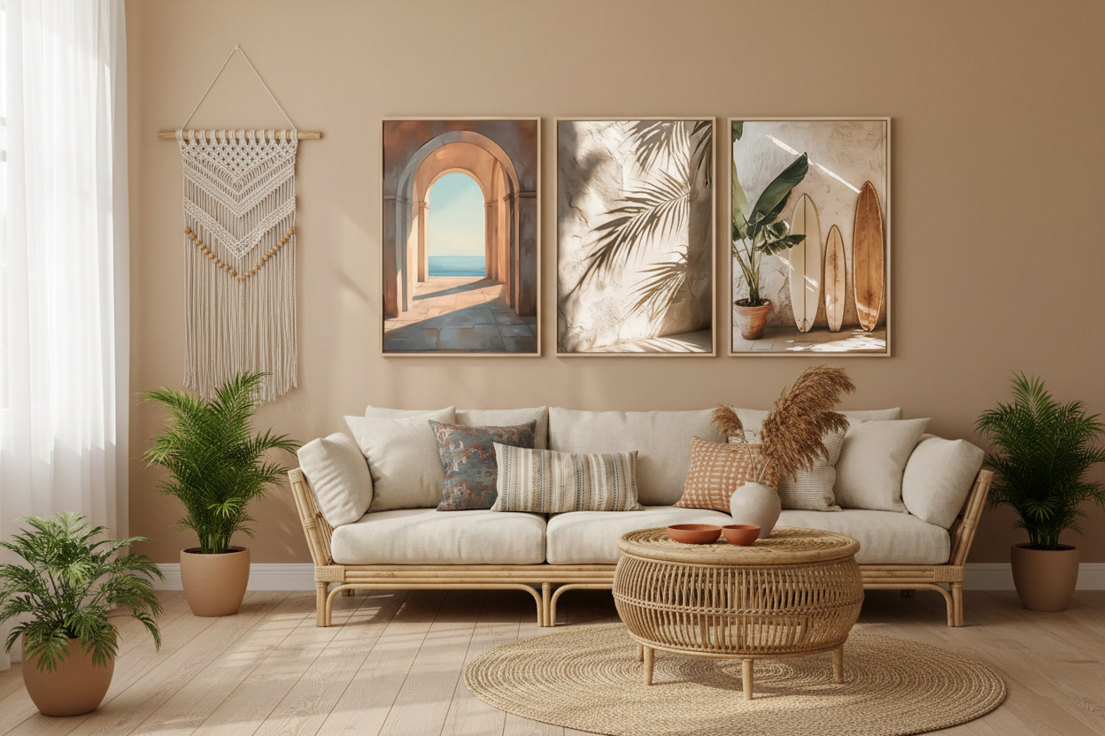Boho Coastal Triptych – aranżacja wnętrza