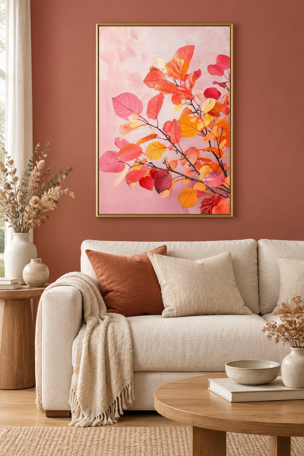 Botaniczny plakat w salonie z terakotową ścianą
