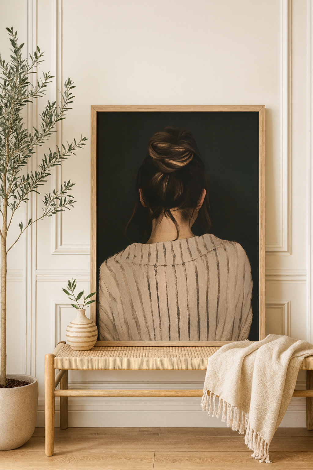 Plakat Silent Bun – Kobieta od Tyłu w Ecru | Quiet Luxury Feminine Portrait Dekoracja Ścienna