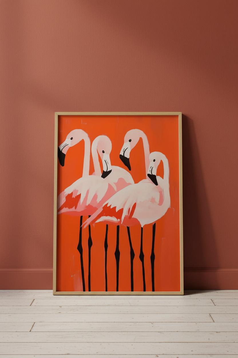 Flamingo poster leaning against wall