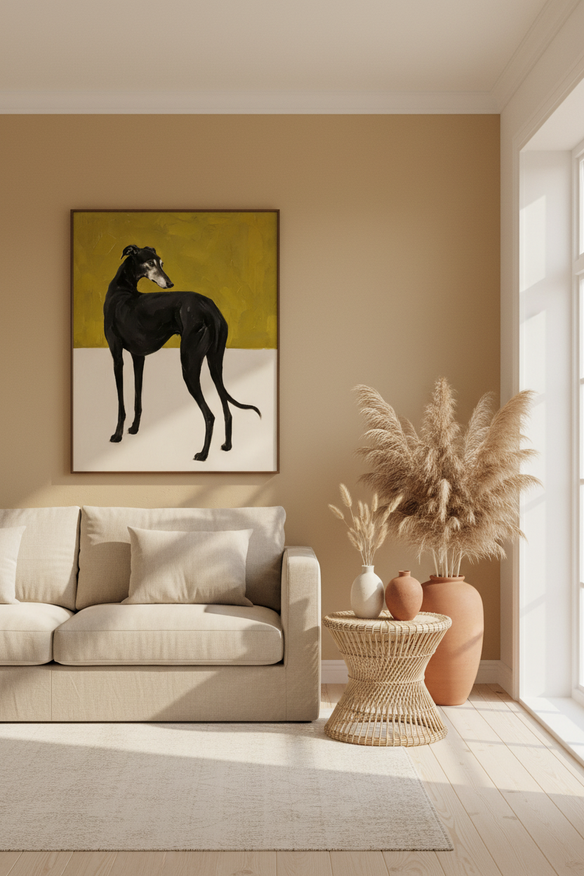 Greyhound – jasna aranżacja musztardowa
