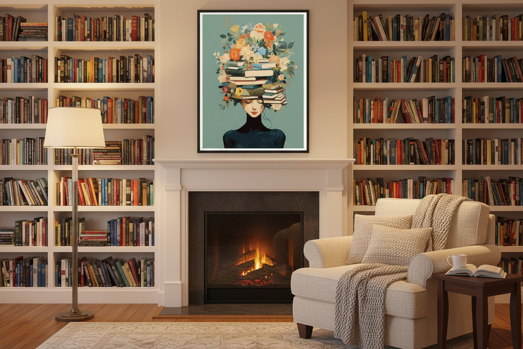 Plakat Book Lover – Kobieta z Książkami i Kwiatami | Botaniczny Collage Dekoracja Ścienna