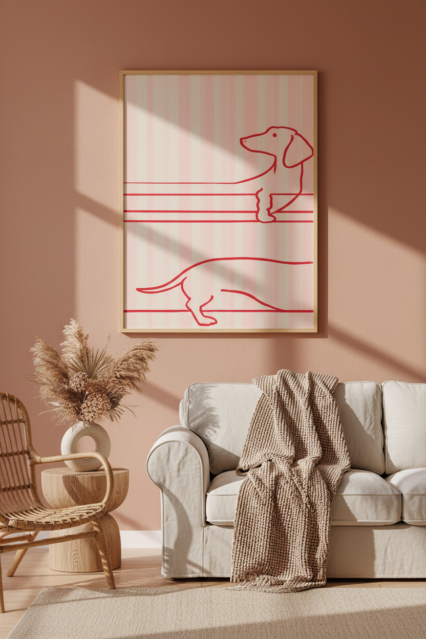 Plakat Dachshund Lines – Jamnik w Paskach | Line Art Dekoracja Ścienna