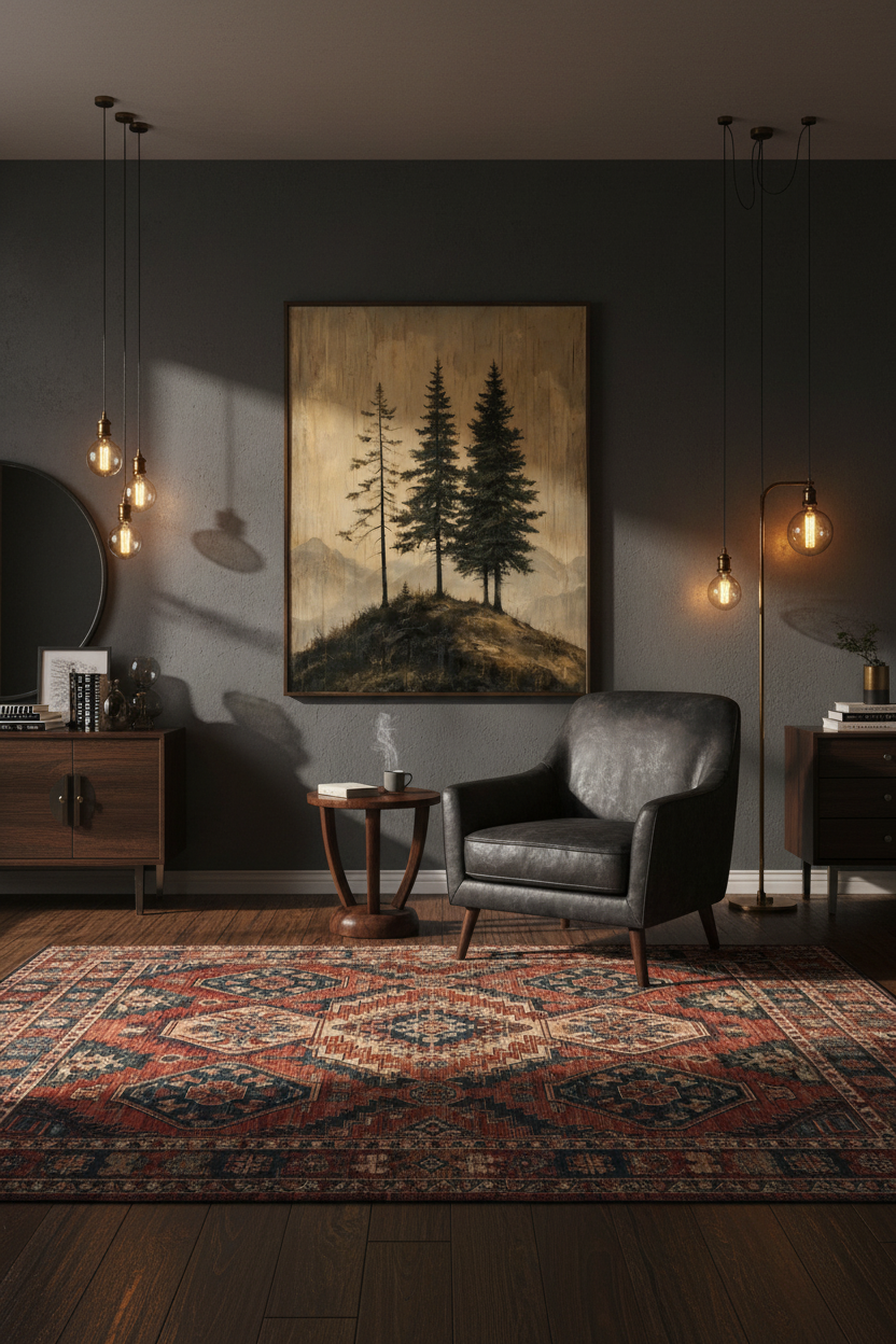 Plakat Pine Forest – Trzy Sosny w Górach | Vintage Leśna Dekoracja Ścienna