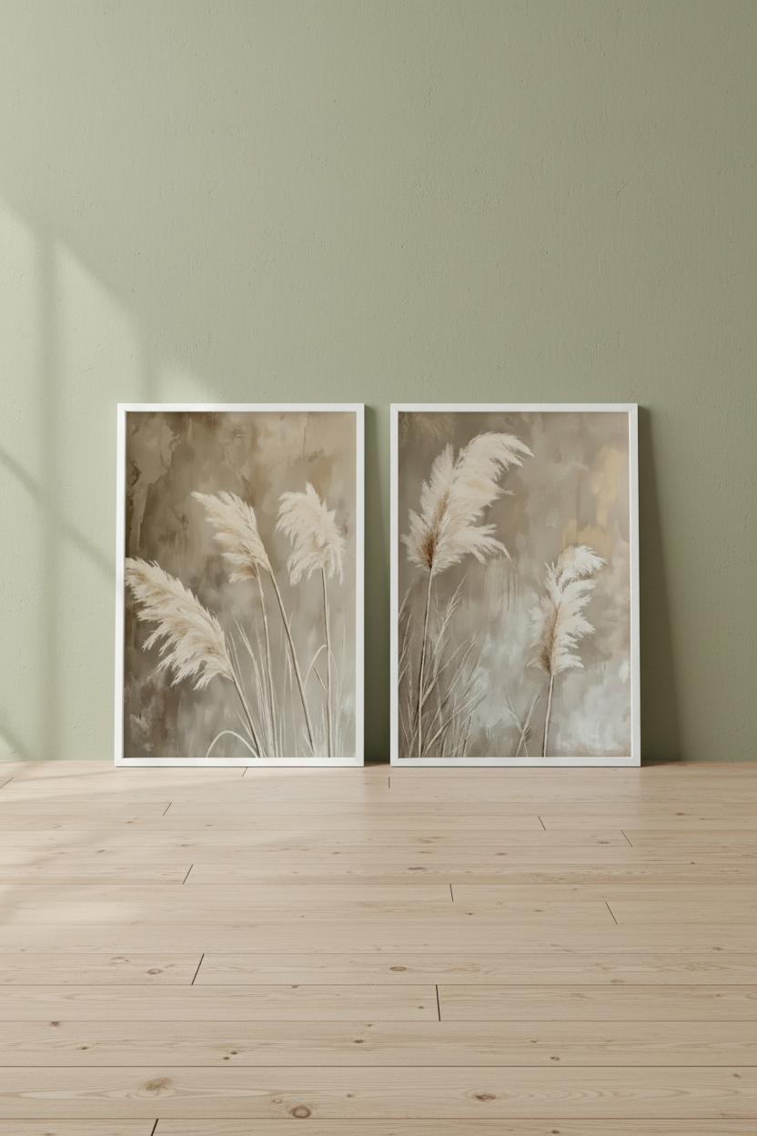 Zestaw 2 plakatów Pampas Grass Duo – Trawy Pampasowe w Stylu Malarskim | Boho Minimalist Dekoracja Ścienna
