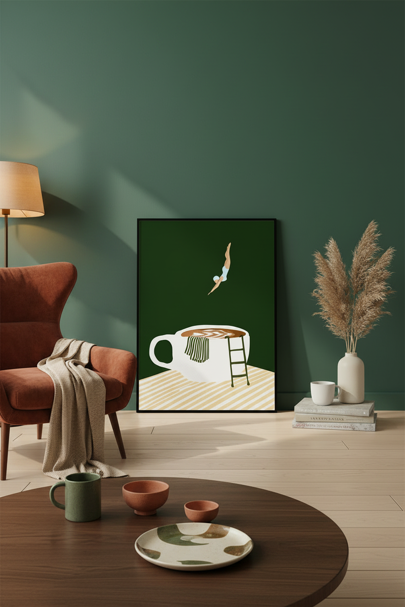 Plakat Coffee Diver – Skoczek do Kawy | Minimalistyczna Ilustracja | Dekoracja Ścienna