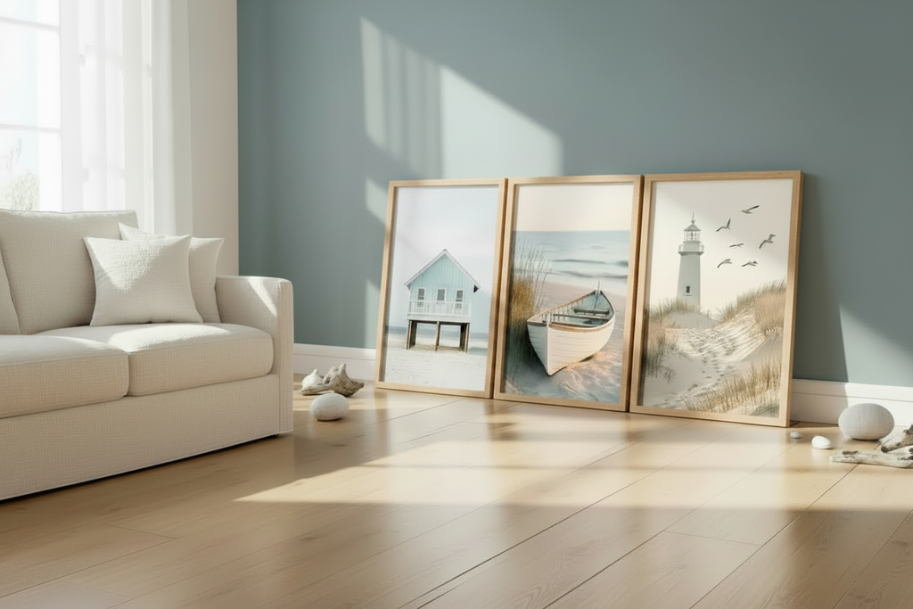 Plakat Coastal Triptych – Nadmorski Spokój | Latarnia Morska Plaża Łódź Dekoracja Ścienna