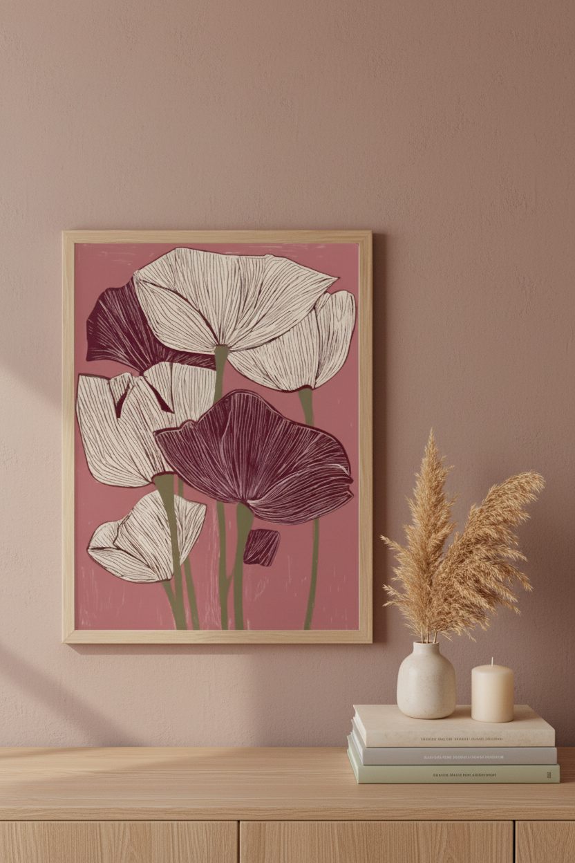 Plakat Poppy Lines – Abstrakcyjne Maki w Stylu Linorytu | Burgundy & Rose Dekoracja Ścienna