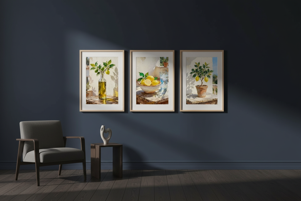 Plakat Lemon Triptych – Śródziemnomorskie Cytryny | Botaniczny Zestaw 3 Plakatów Dekoracja Ścienna