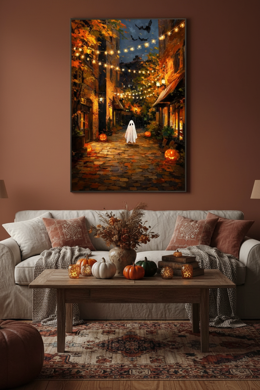Plakat Halloween Ghost Street – Duch na Ulicy | Vintage Oil Painting Dekoracja Ścienna
