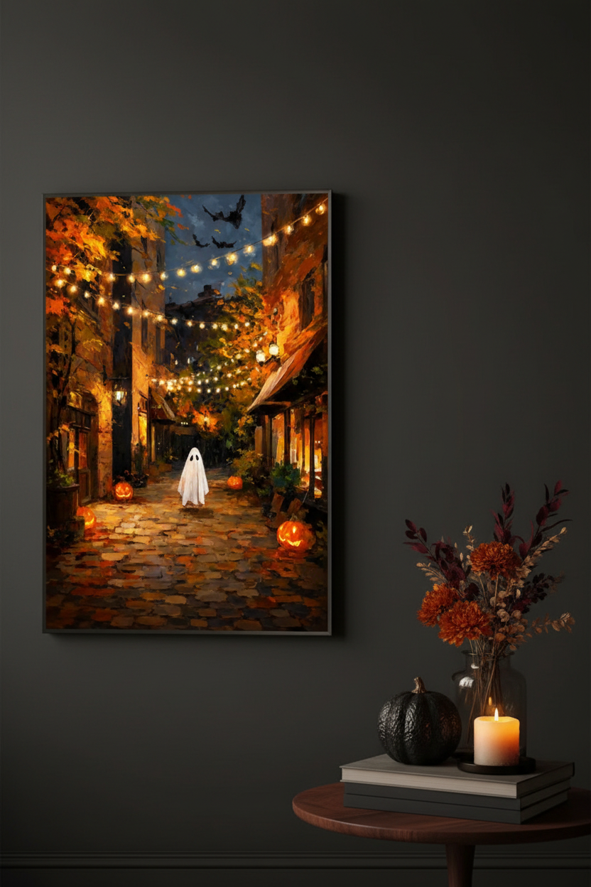 Plakat Halloween Ghost Street – Duch na Ulicy | Vintage Oil Painting Dekoracja Ścienna