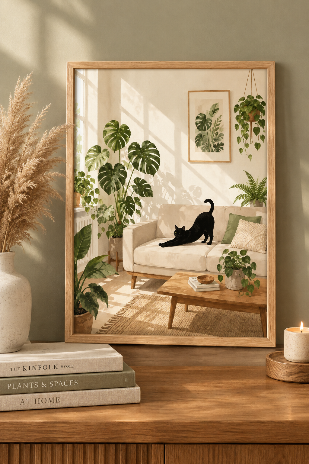 Plakat Black Cat & Plants – Czarny Kot w Zielonym Salonie | Botanical Cozy Dekoracja Ścienna
