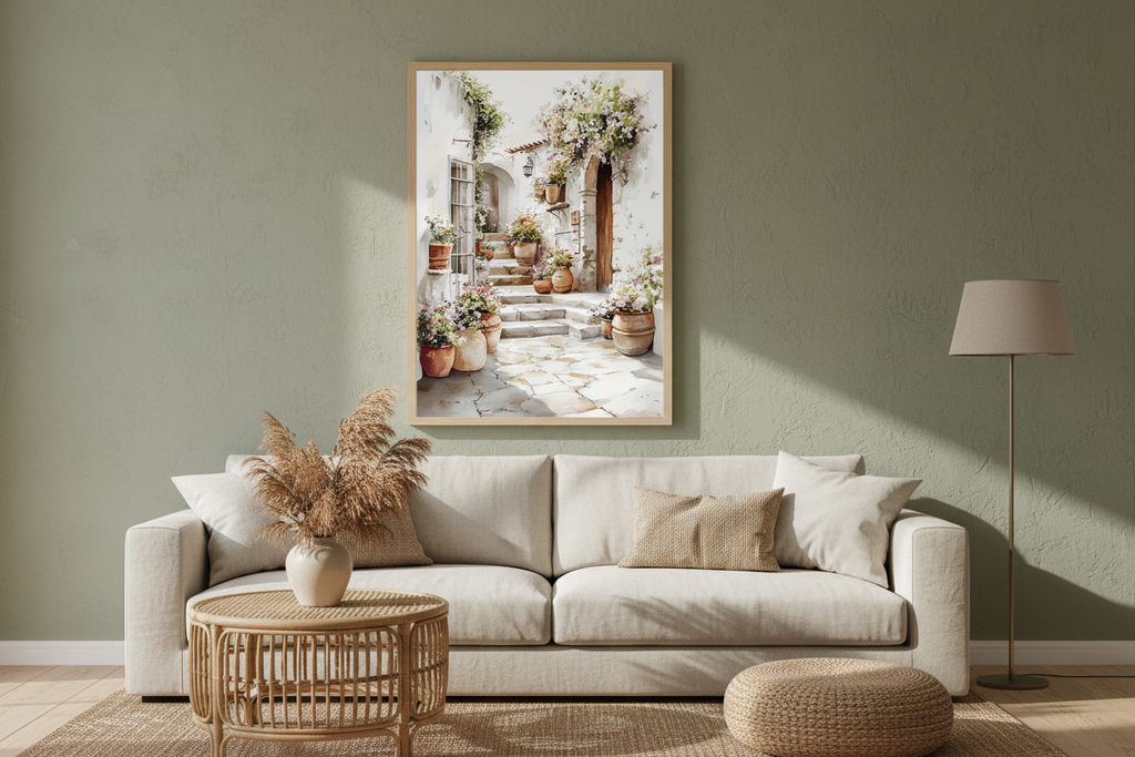 Plakat Mediterranean Courtyard – Śródziemnomorski Dziedziniec z Kwiatami | Akwarelowa Dekoracja Ścienna