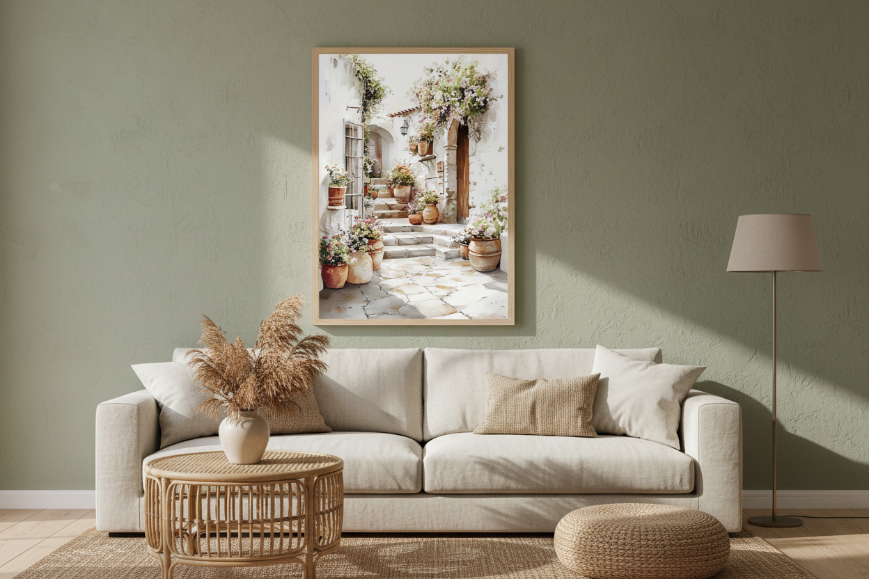Plakat Mediterranean Courtyard – Śródziemnomorski Dziedziniec z Kwiatami | Akwarelowa Dekoracja Ścienna
