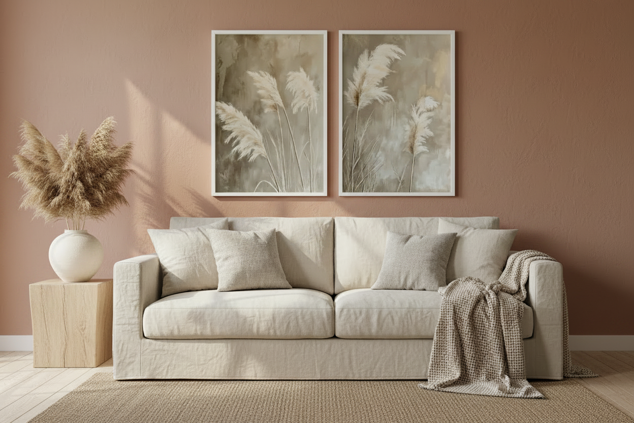Zestaw 2 plakatów Pampas Grass Duo – Trawy Pampasowe w Stylu Malarskim | Boho Minimalist Dekoracja Ścienna