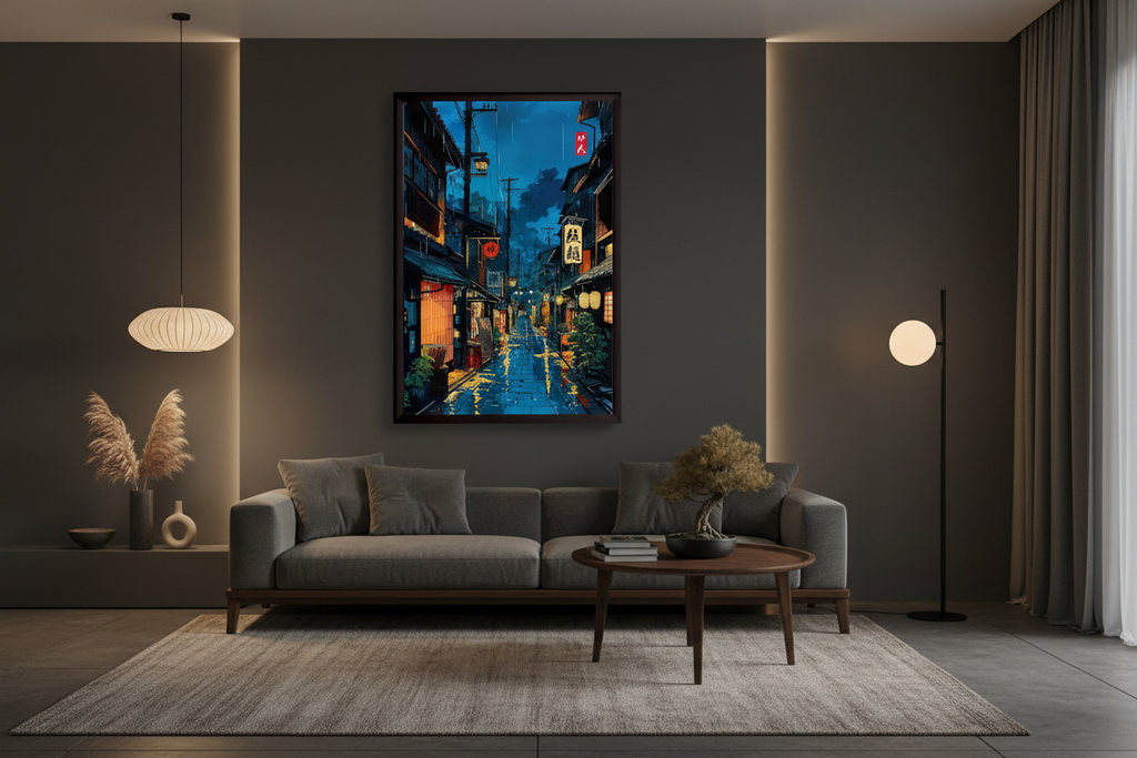 Japanese street poster in stylish room