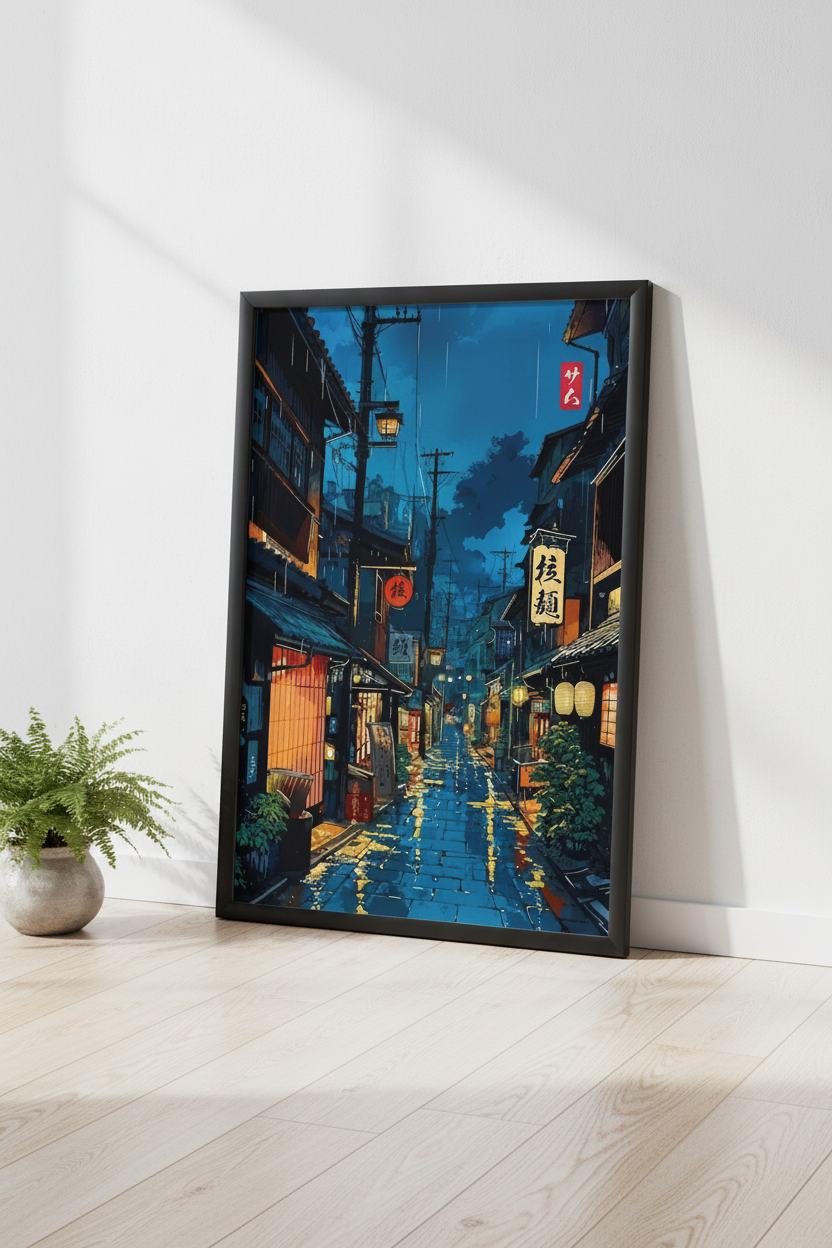 Japanese street poster leaning against wall