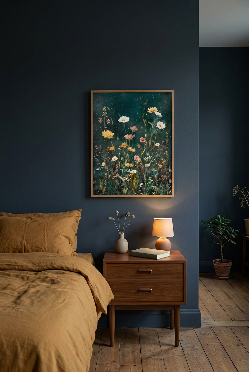 Kwiatowy plakat w nastrojowej sypialni