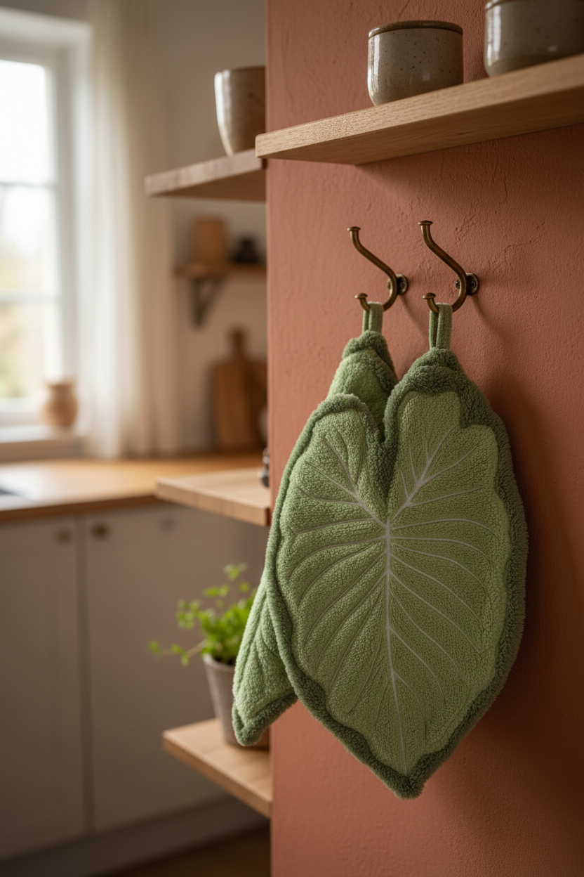 Leaf towels hanging on kitchen wall