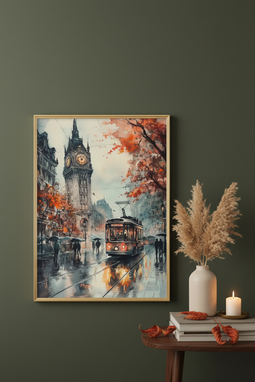 Plakat Autumn Tram City – mockup przy ścianie