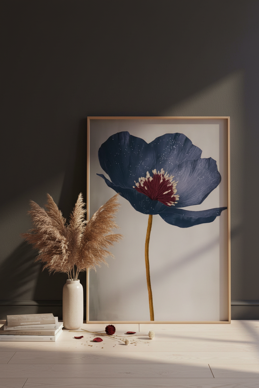 Plakat Blue Poppy – oparty o ścianę z dekoracjami