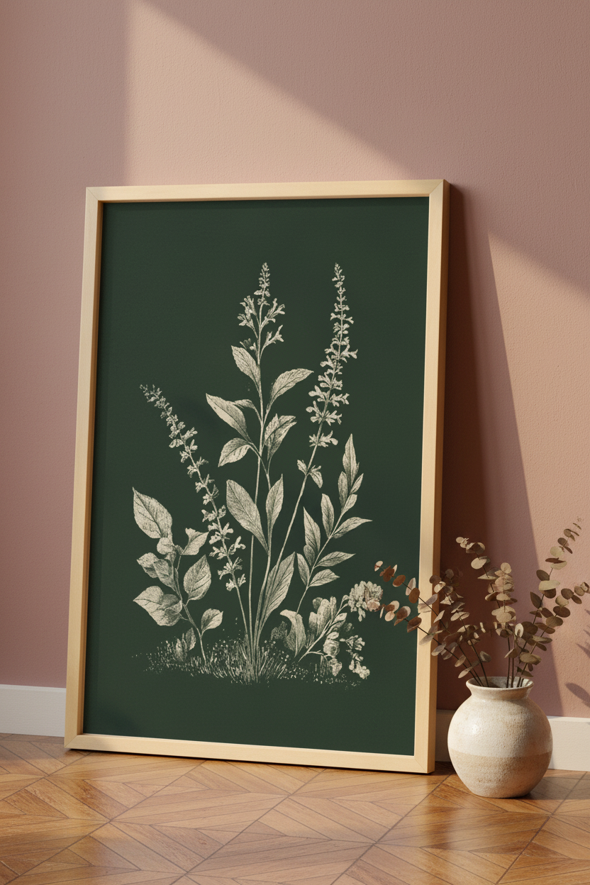 Plakat botaniczny dark – mockup przy ścianie v2