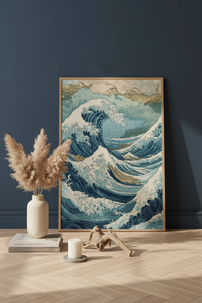 Plakat fala – mockup przy ścianie