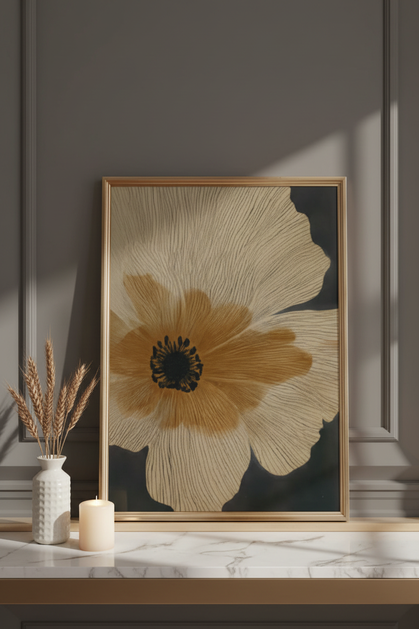 Plakat Golden Flower – mockup przy ścianie v2