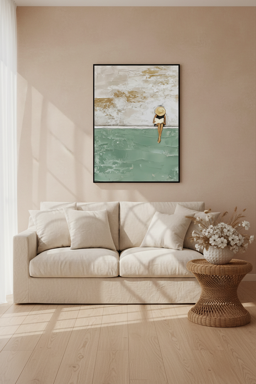 Plakat kobieta przy basenie – mockup wnętrze coastal