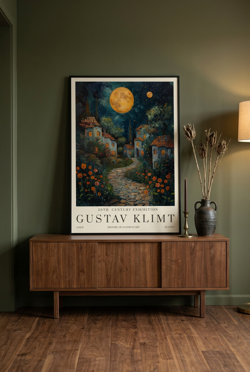 Plakat na konsoli w oliwkowym przedpokoju