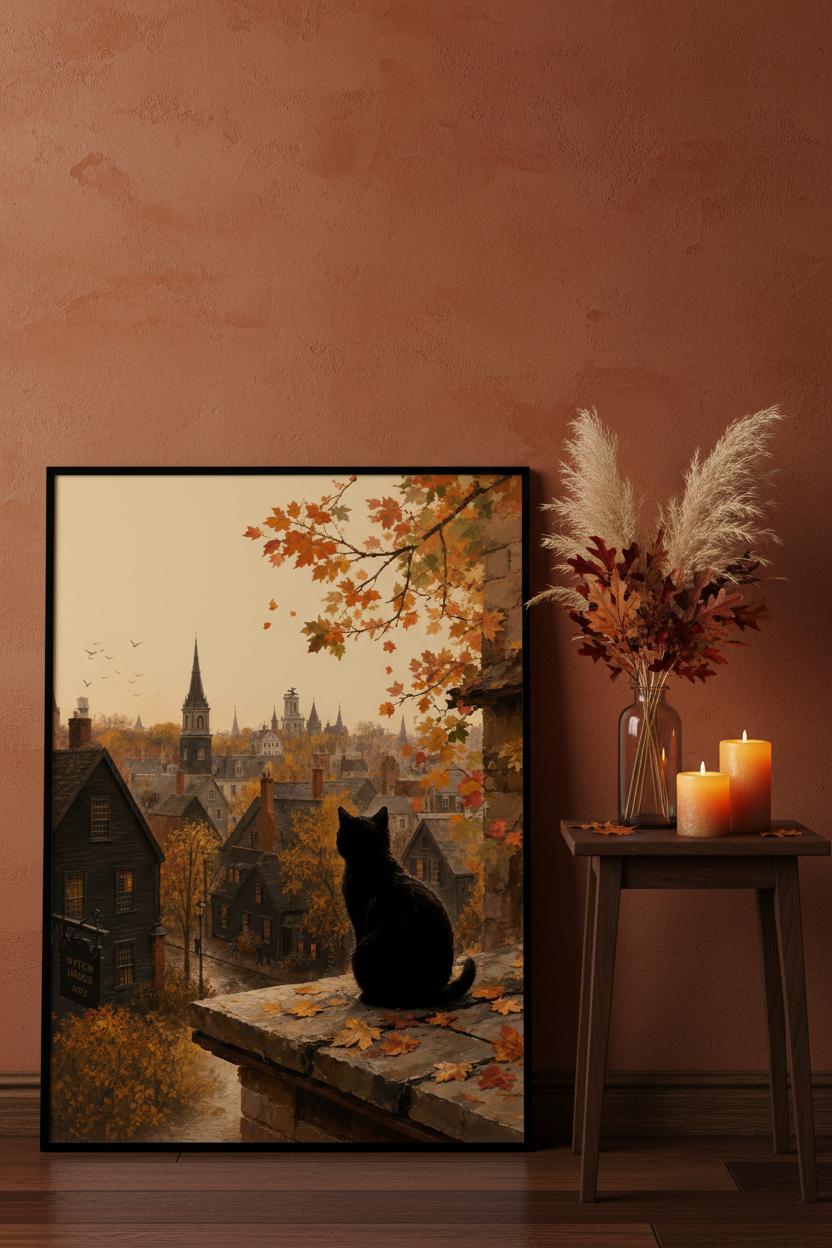 Plakat oparty o ścianę – Black Cat Autumn Town
