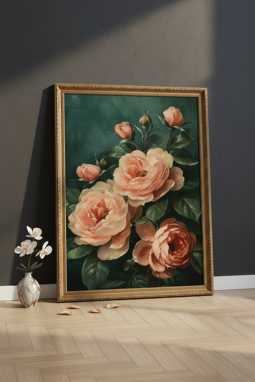 Plakat Peach Roses przy ścianie