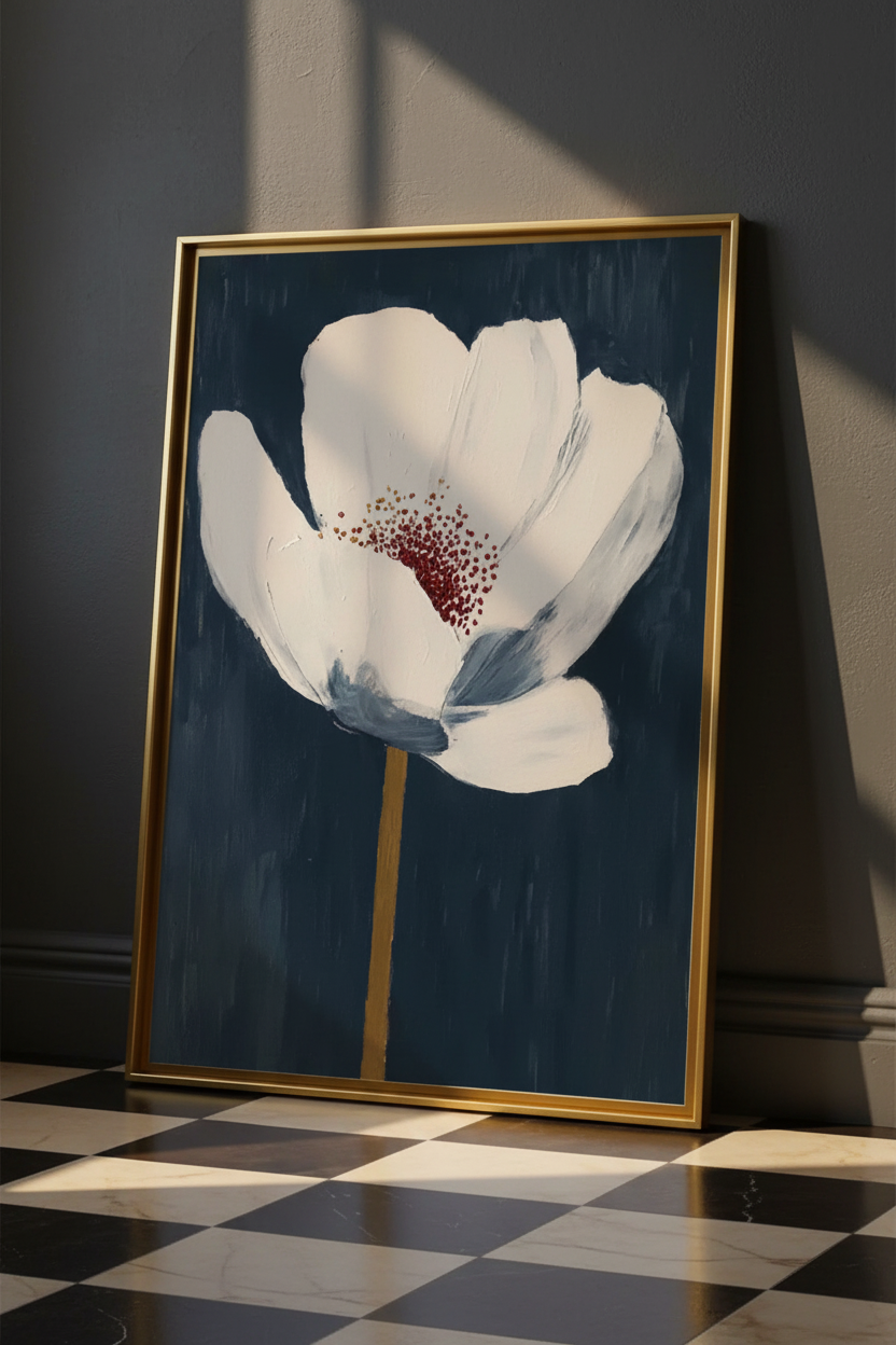 Plakat piwonia – mockup przy ścianie