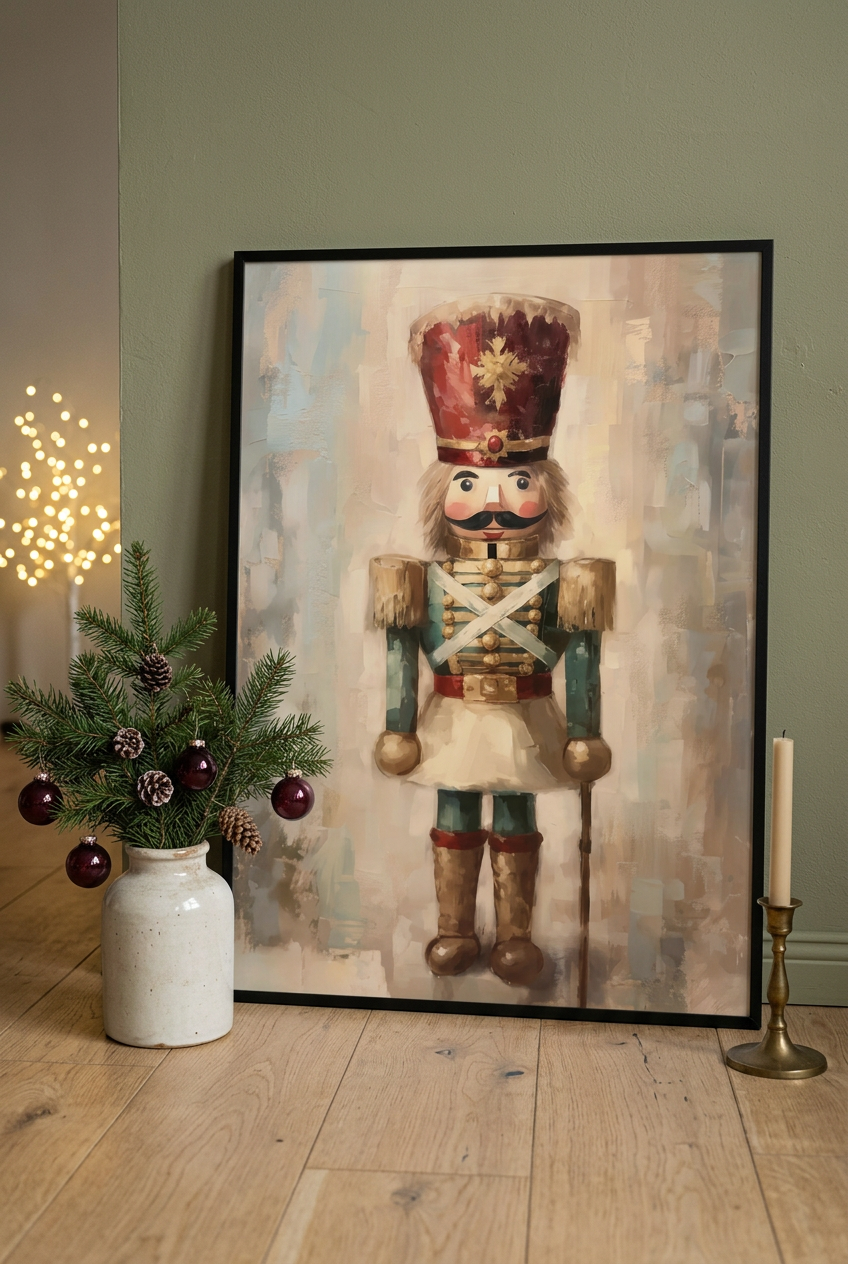 Plakat przy oliwkowej ścianie ze świątecznymi dodatkami