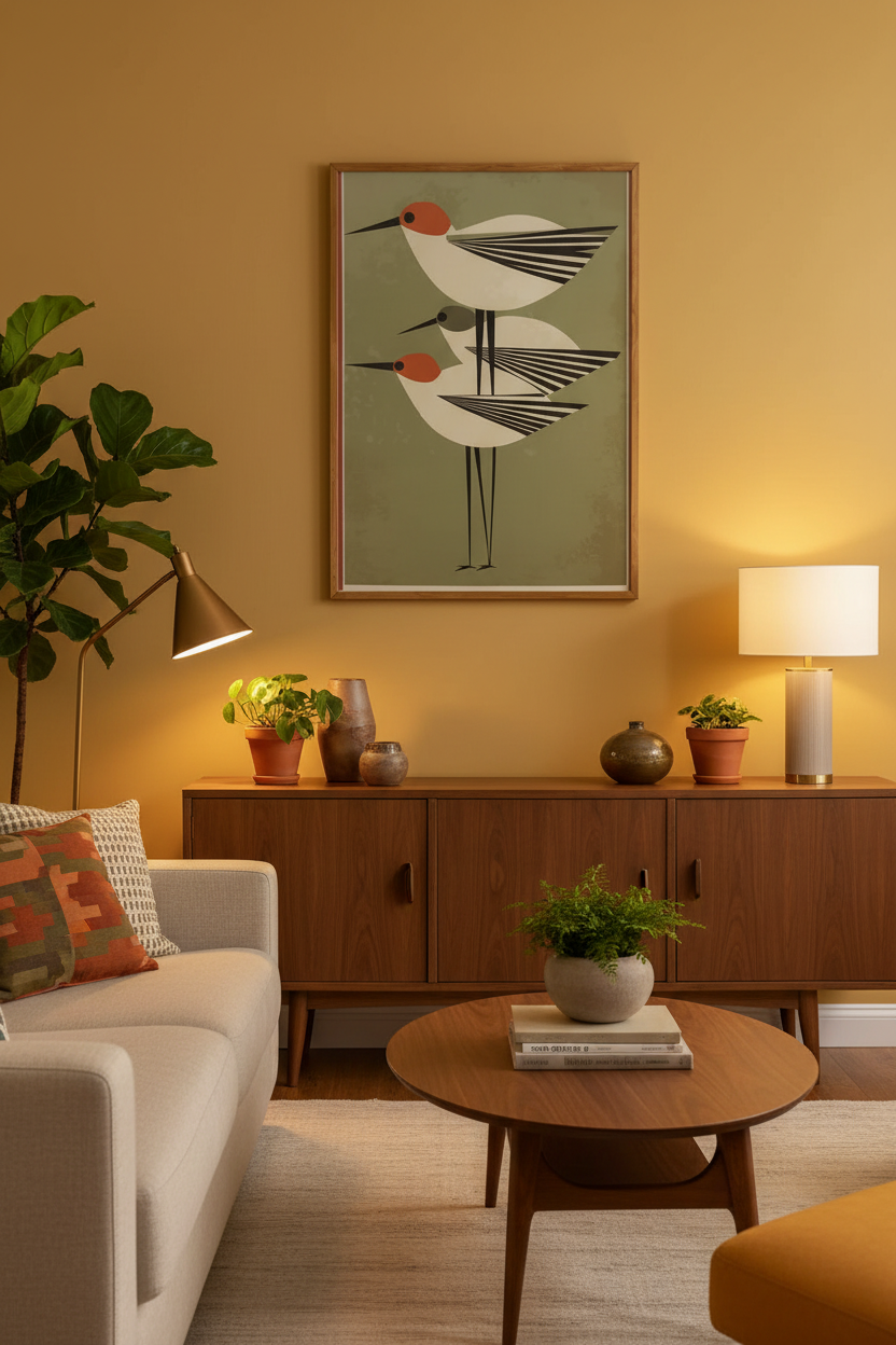 Plakat ptaki mid-century – aranżacja wnętrza