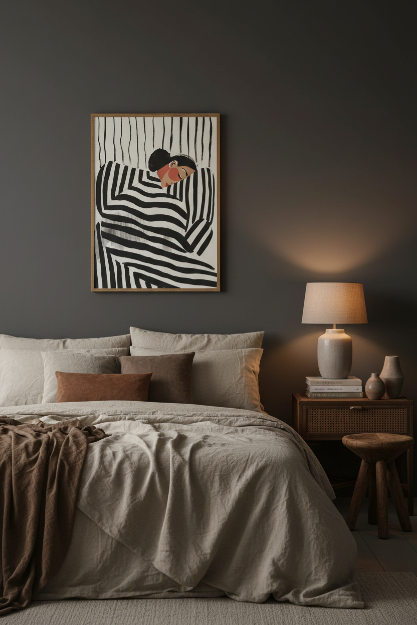 Plakat Striped Woman – mockup sypialnia