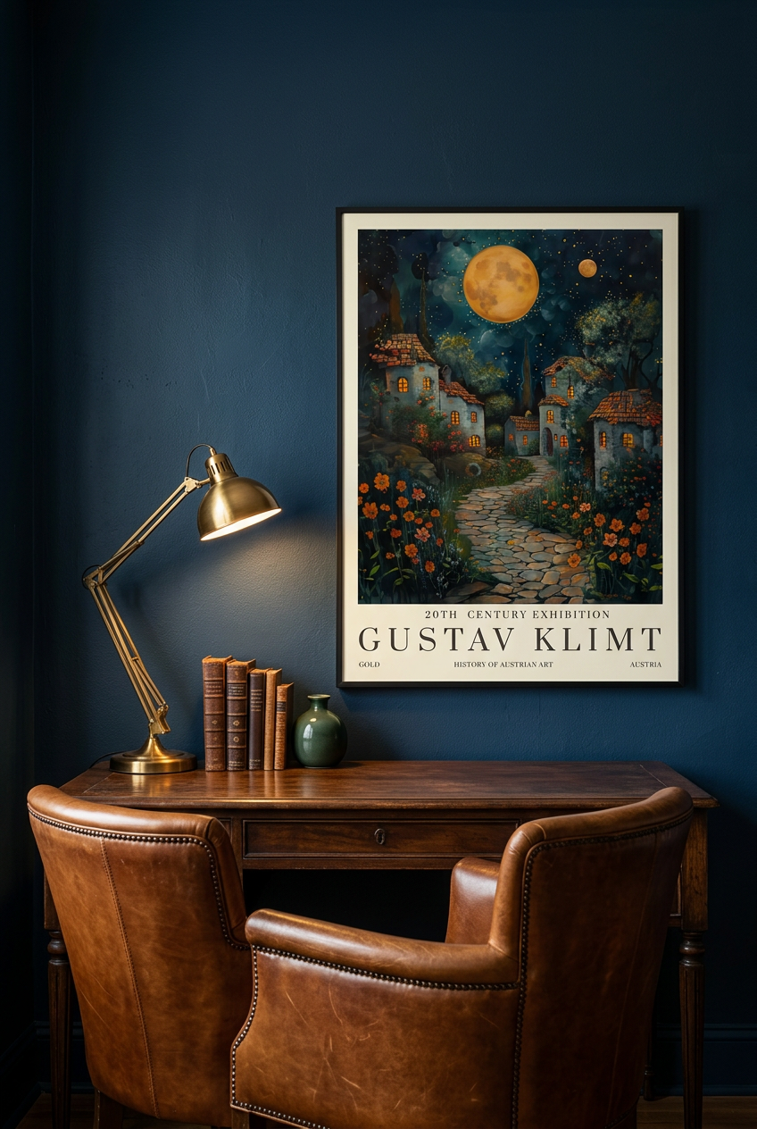Plakat w granatowym gabinecie