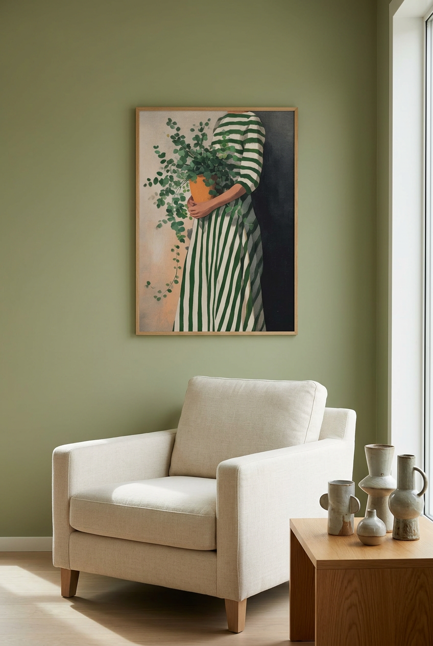 Plakat w oliwkowym salonie