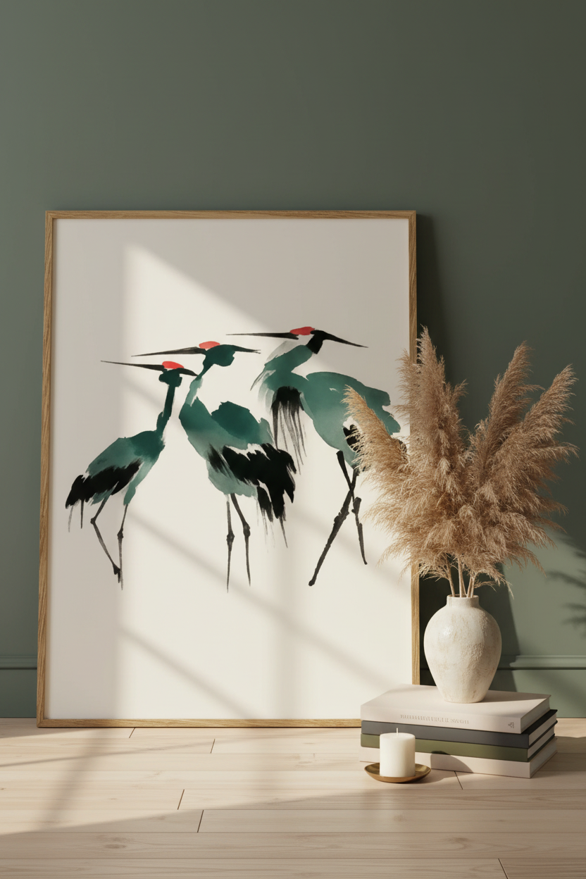 Plakat z żurawiami – mockup przy ścianie