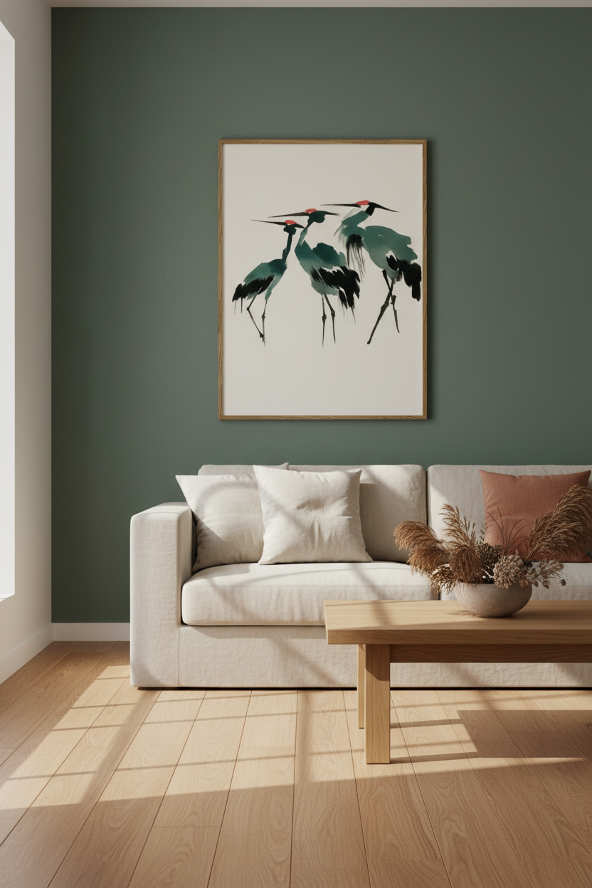 Plakat z żurawiami – mockup wnętrze japandi