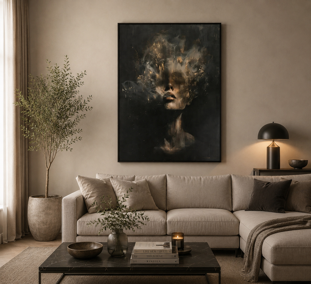 Plakat Dissolving Woman – Twarz Kobiety w Złotym Dymie | Dark Abstract Expressionism Gold Fine Art Dekoracja Ścienna