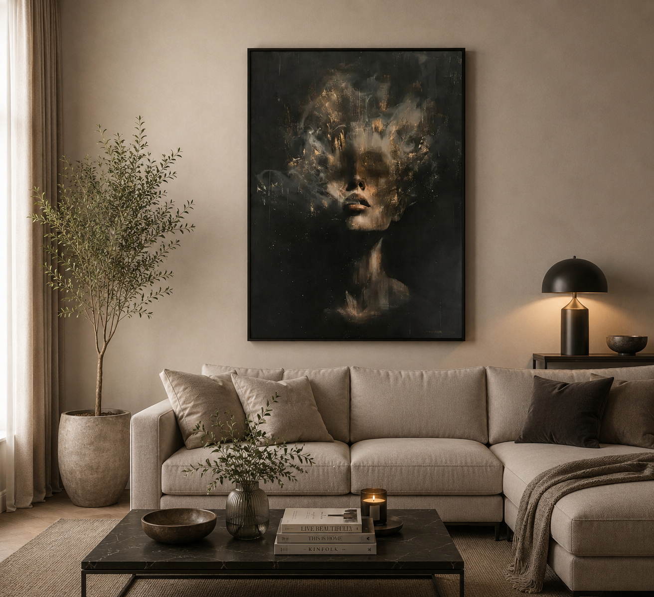 Plakat Dissolving Woman – Twarz Kobiety w Złotym Dymie | Dark Abstract Expressionism Gold Fine Art Dekoracja Ścienna