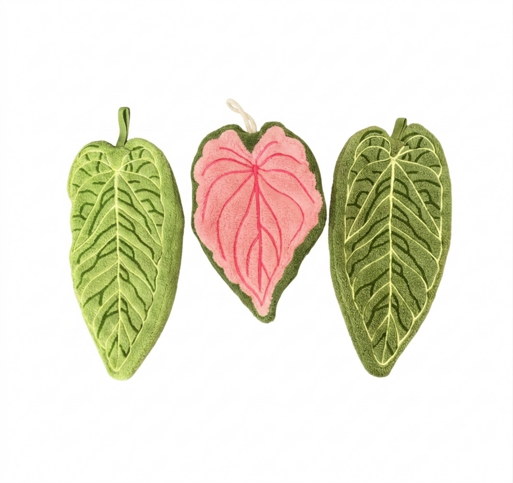 Tropical Leaf Towel Set – Zestaw 3 Ręczników Liście Tropikalne Zielony & Różowy | Botaniczna Dekoracja Łazienki