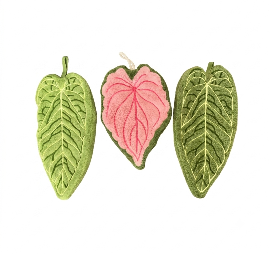 Tropical Leaf Towel Set – Zestaw 3 Ręczników Liście Tropikalne Zielony & Różowy | Botaniczna Dekoracja Łazienki