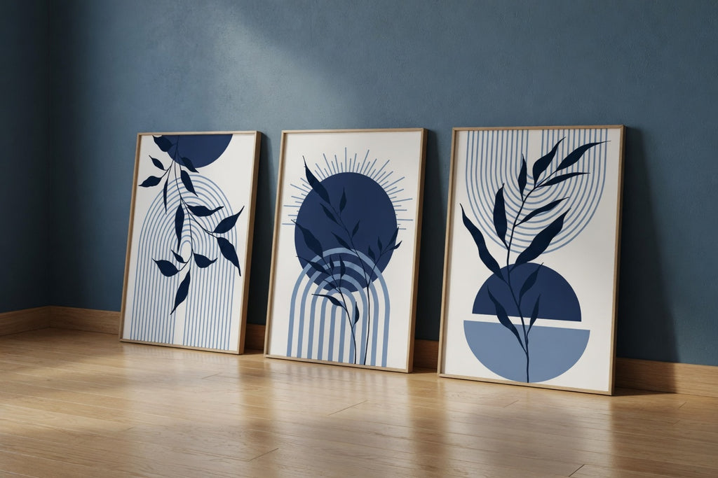 Plakat Navy Botanical Arch – Granatowy Minimalizm z Naturą | Boho Mid-Century Dekoracja Ścienna