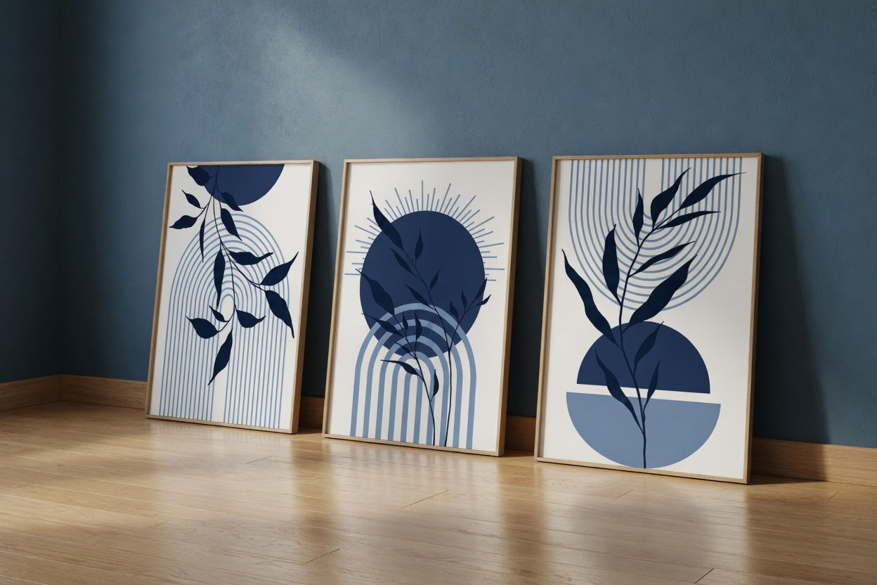 Plakat Navy Botanical Arch – Granatowy Minimalizm z Naturą | Boho Mid-Century Dekoracja Ścienna