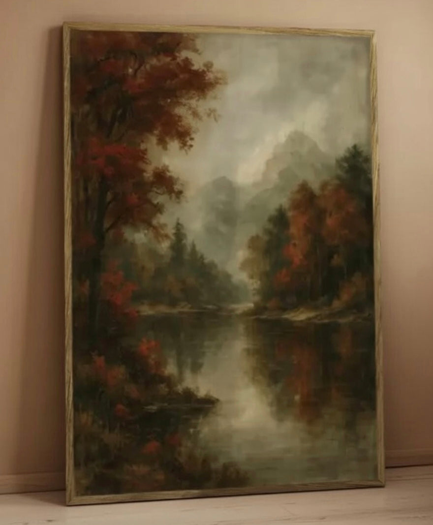 Plakat Autumn Lake – Jesienny Las nad Jeziorem | Vintage Oil Painting Cottagecore Dekoracja Ścienna