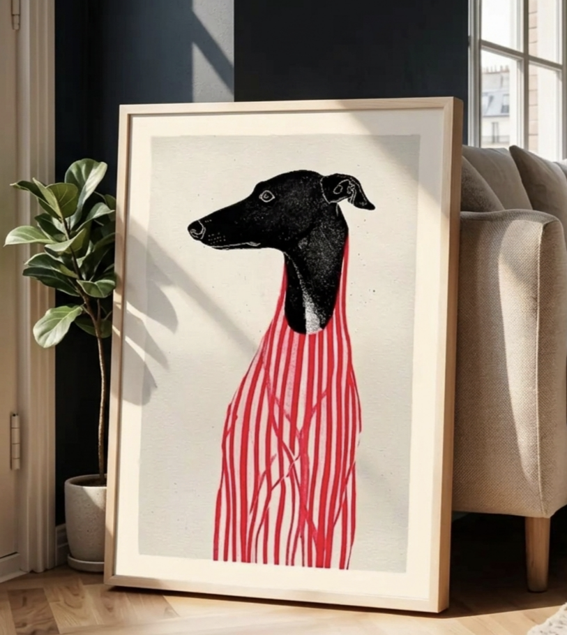 Plakat Greyhound Red Stripes – Czarny Chart w Czerwieni | Linodruk Boho Dekoracja Ścienna