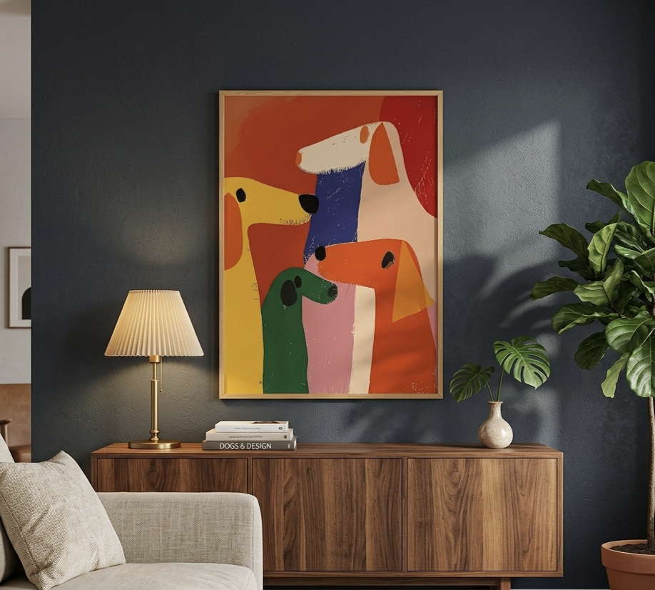 Plakat Colorful Dogs Abstract – Cztery Psy w Kolorowej Abstrakcji | Modern Pop Art Dekoracja Ścienna