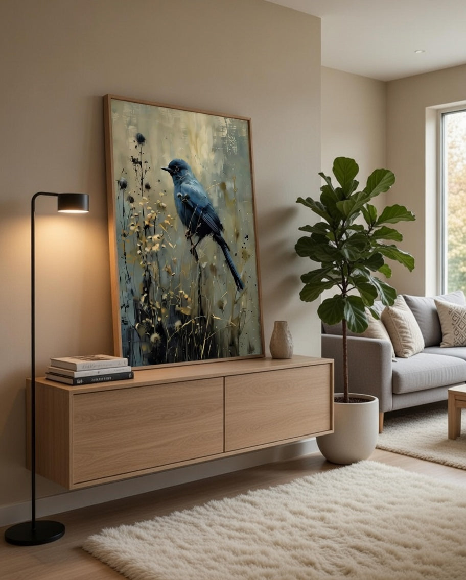 Plakat Blue Bird – Niebieski Ptak wśród Suchych Kwiatów | Moody Oil Painting Dark Botanical Quiet Luxury Dekoracja Ścienna